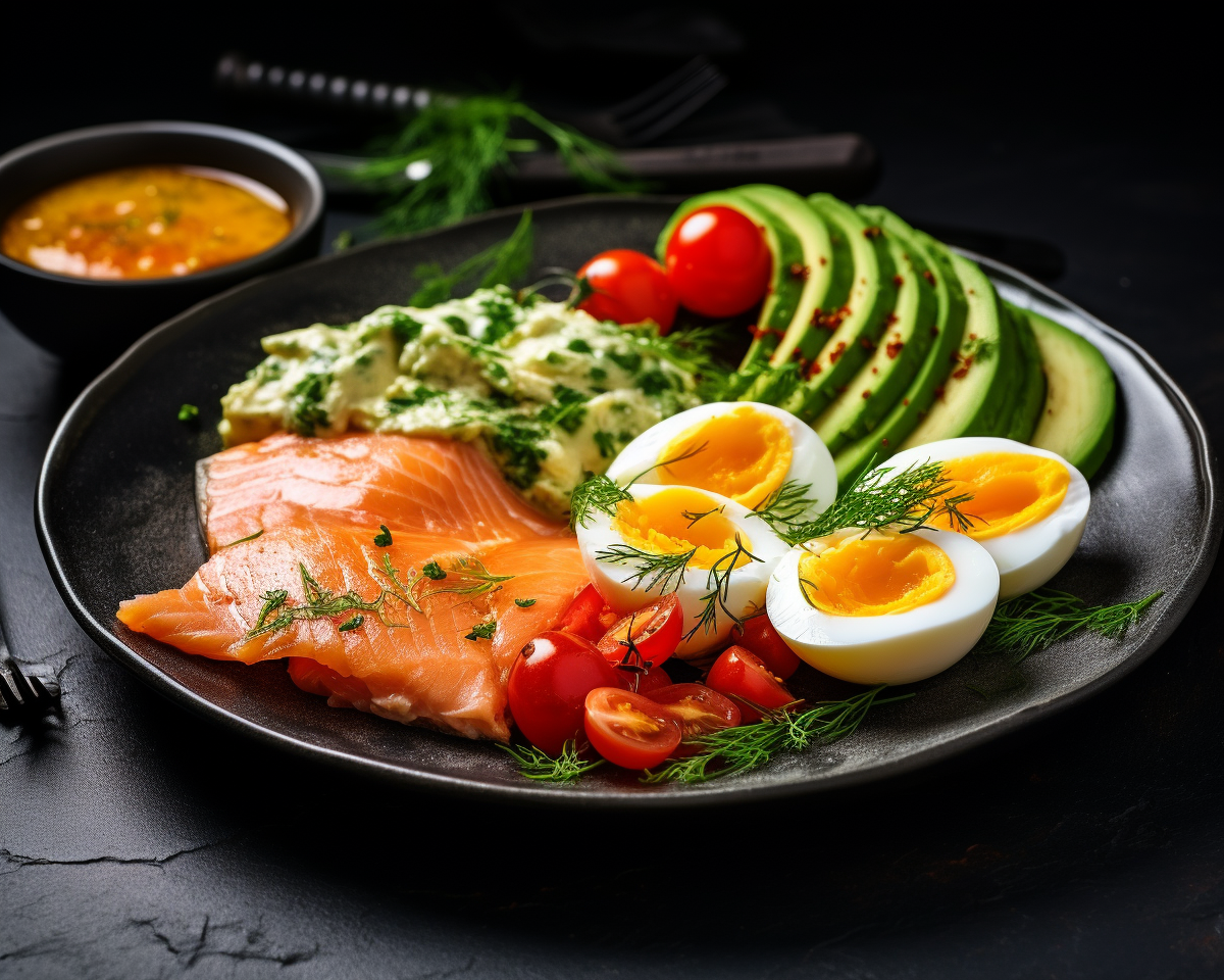 uova, salmone, avocado e pomodori. ingredienti tipici dell'alimentazione chetogenica