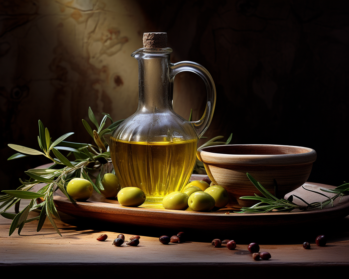Olio d'oliva e olive in un tavolo