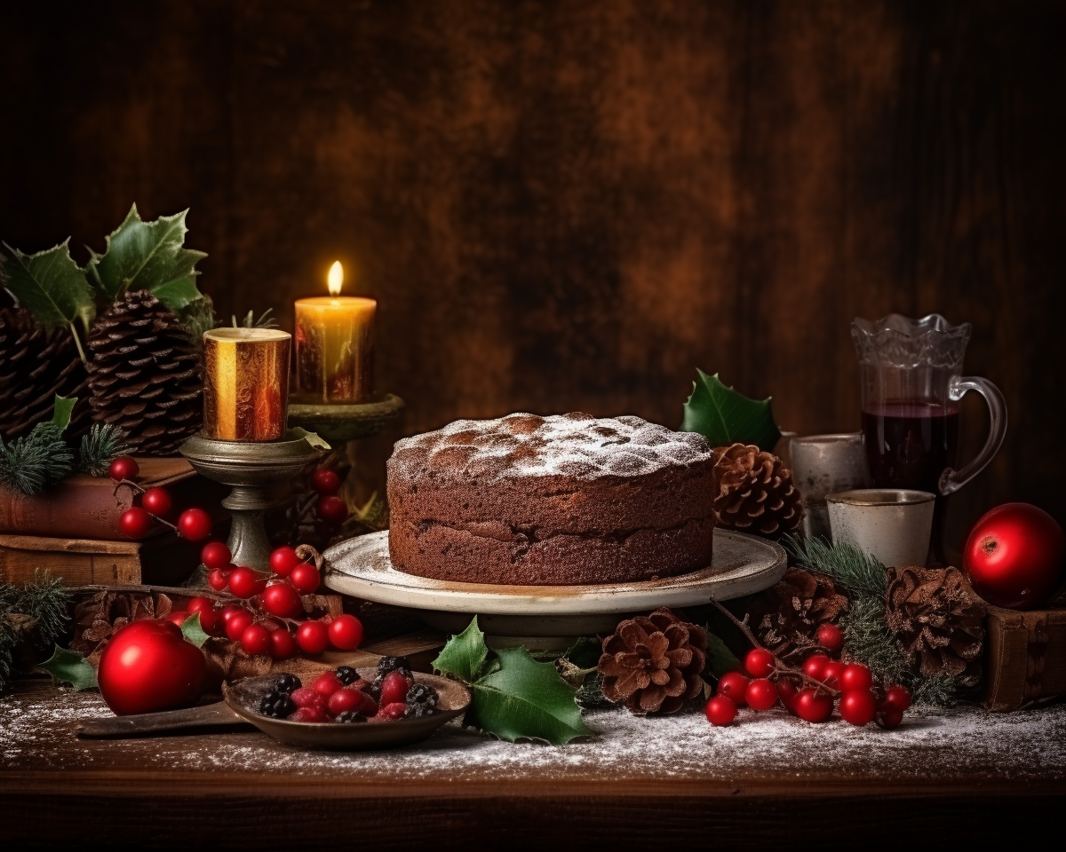 Torta natalizia al cioccolato su un tavolo con addobbi di natale